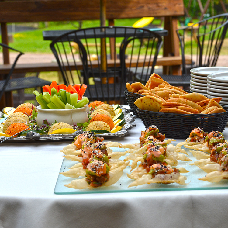 The deck set for a group event at Hyde Away Inn, Mad River Valley Vermont